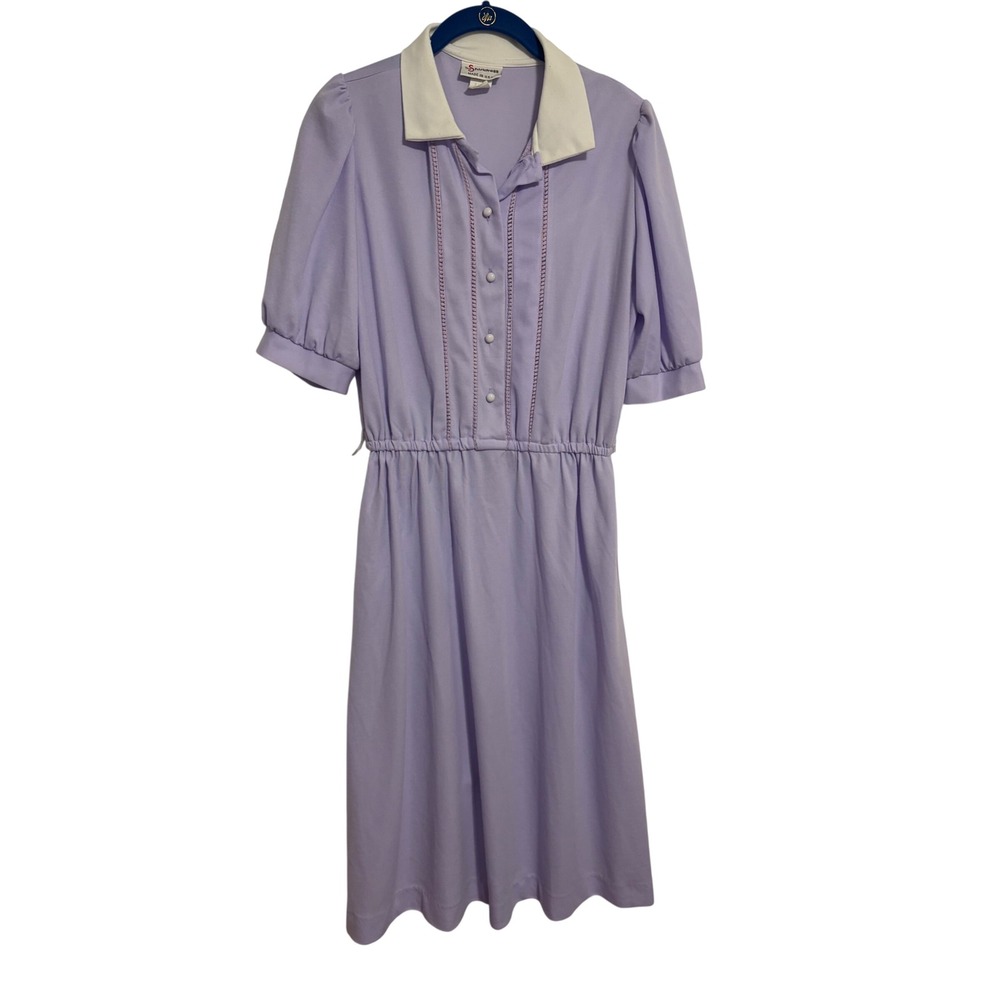 Sears The Shirtdress Vintage 80s Midi Lavender Purple Puff Sleeve Collared 13 14